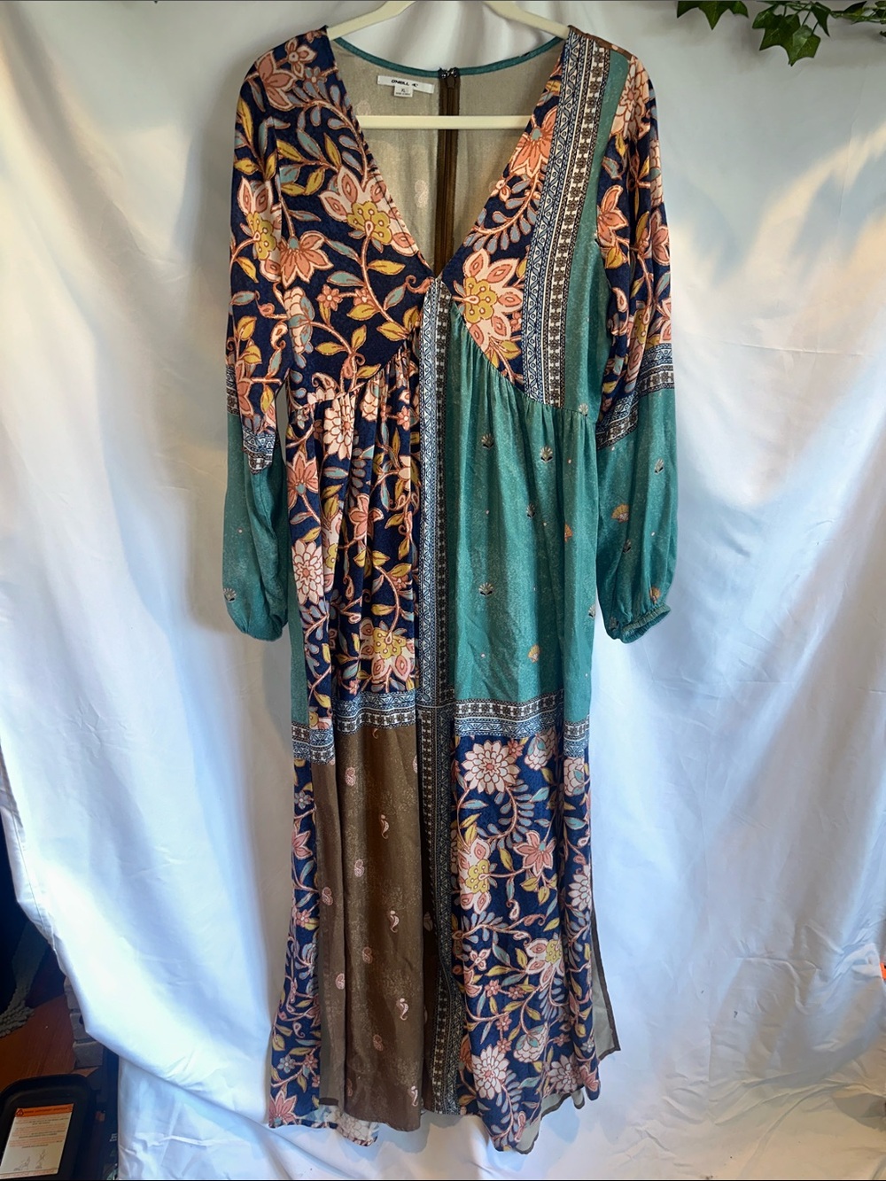 O'Neill Patchwork Floral Maxi Dress in Teal, Navy & Brown